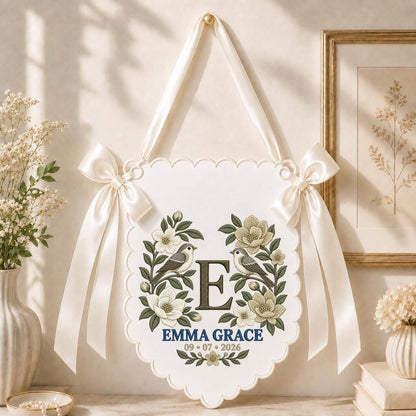 Personalized Monogram Scalloped Banner, Custom Name Emma Grace Initial E Embroidered Lavender Bows Bird Nursery Wall Sign Decor