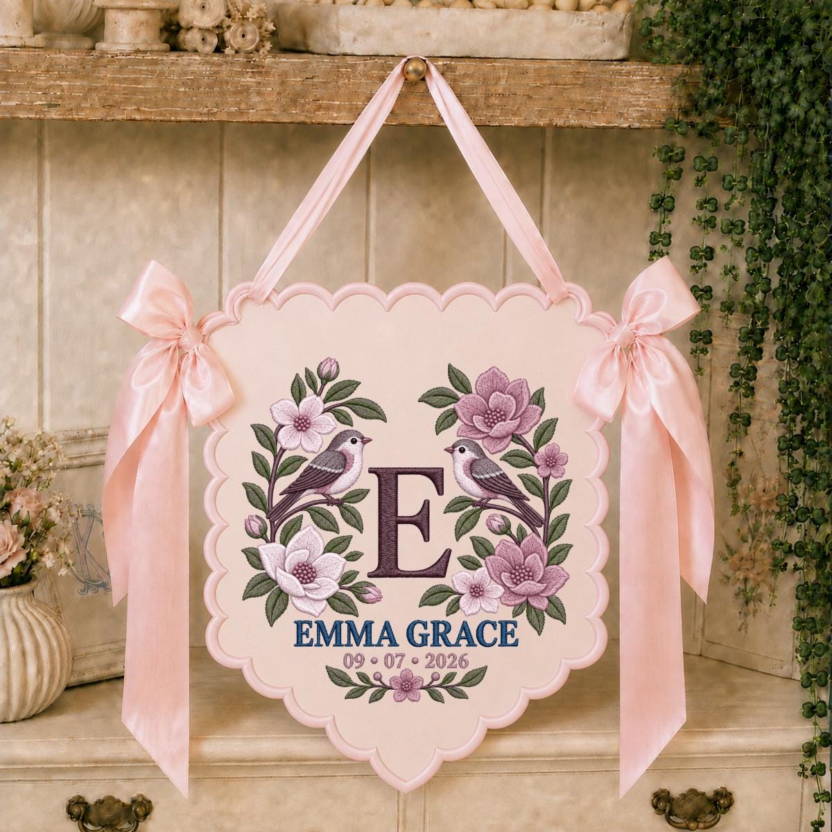 Personalized Monogram Scalloped Banner, Custom Name Emma Grace Initial E Embroidered Lavender Bows Bird Nursery Wall Sign Decor