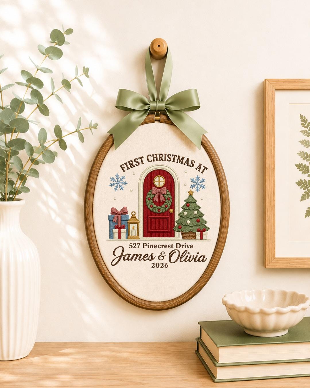 Personalized First Christmas Home Embroidered Ornament, Custom Couple Names Hoop, New Home Christmas Gift, Address Keepsake