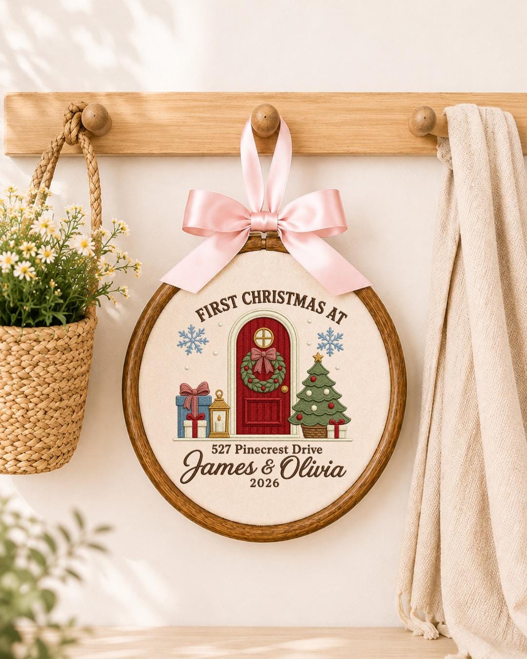 Personalized First Christmas Home Embroidered Ornament, Custom Couple Names Hoop, New Home Christmas Gift, Address Keepsake