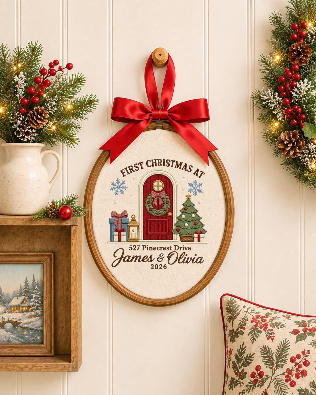Personalized First Christmas Home Embroidered Ornament, Custom Couple Names Hoop, New Home Christmas Gift, Address Keepsake