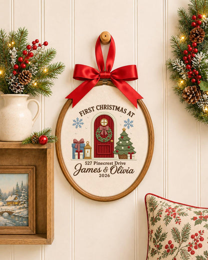 Personalized First Christmas Home Embroidered Ornament, Custom Couple Names Hoop, New Home Christmas Gift, Address Keepsake