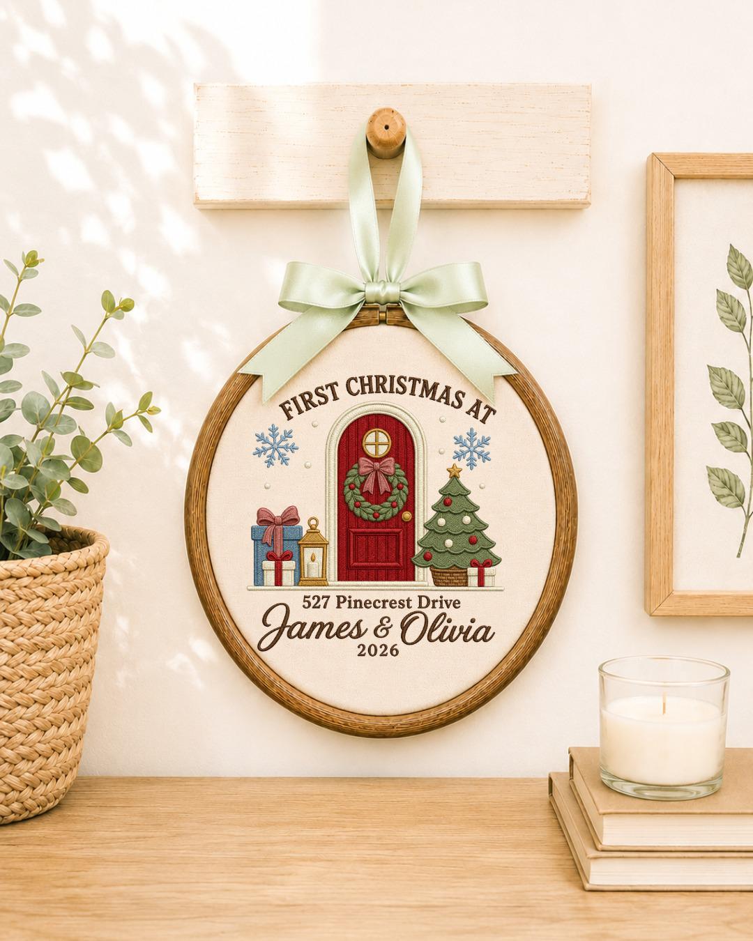 Personalized First Christmas Home Embroidered Ornament, Custom Couple Names Hoop, New Home Christmas Gift, Address Keepsake