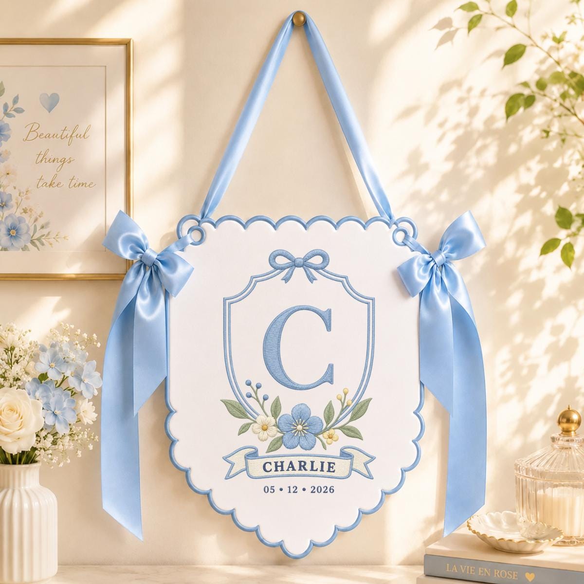 Personalized Monogram Bow Banner, Charlie Initial C Wall Hanging, Blue Floral Ornament, Custom Name Date Decor, Baby Shower Gift