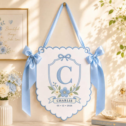 Personalized Monogram Bow Banner, Charlie Initial C Wall Hanging, Blue Floral Ornament, Custom Name Date Decor, Baby Shower Gift