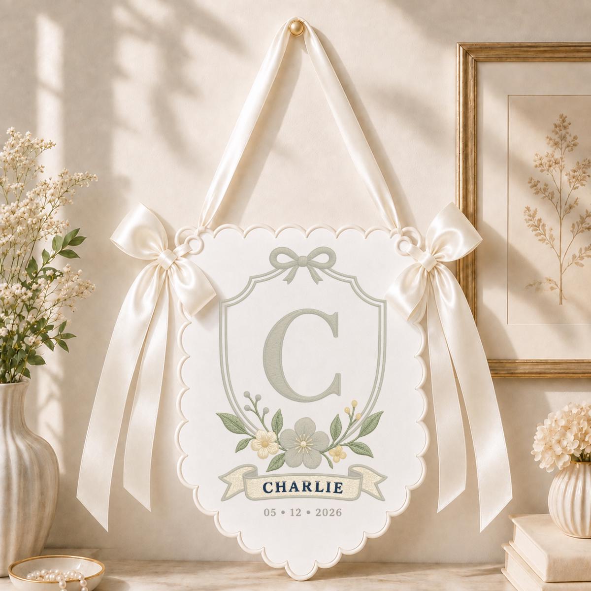 Personalized Monogram Bow Banner, Charlie Initial C Wall Hanging, Blue Floral Ornament, Custom Name Date Decor, Baby Shower Gift