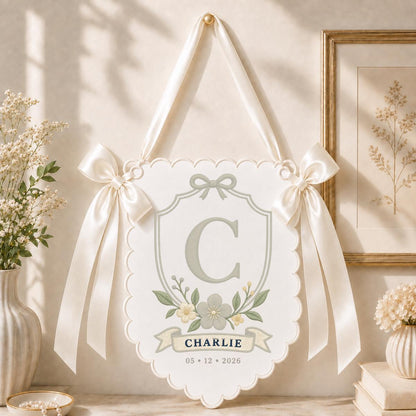 Personalized Monogram Bow Banner, Charlie Initial C Wall Hanging, Blue Floral Ornament, Custom Name Date Decor, Baby Shower Gift