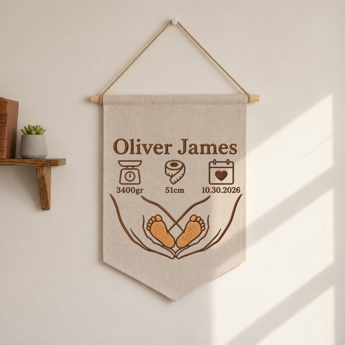 Personalized Embroidered Baby Birth Stats Banner, Custom Baby Name Wall Hanging, Newborn Footprint Nursery , Birth Announcement Keepsake