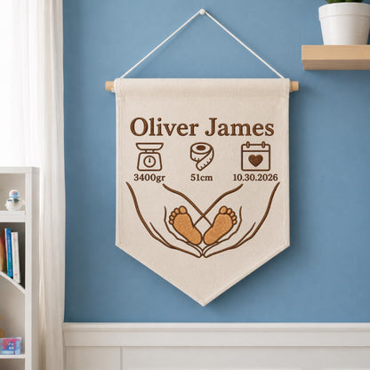 Personalized Embroidered Baby Birth Stats Banner, Custom Baby Name Wall Hanging, Newborn Footprint Nursery , Birth Announcement Keepsake