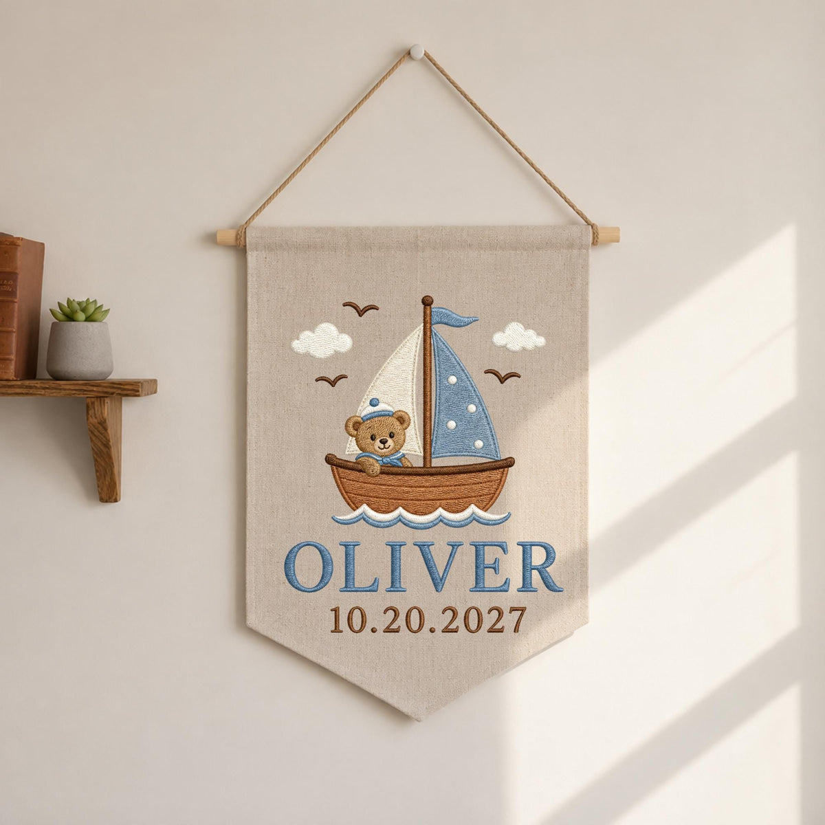 Personalized Embroidered Baby Name Banner, Teddy Bear Sailboat Nursery Wall Hanging, Custom Nautical Name Sign, Baby Boy Nursery Decor