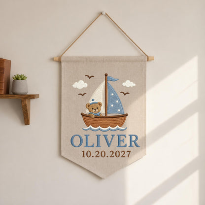 Personalized Embroidered Baby Name Banner, Teddy Bear Sailboat Nursery Wall Hanging, Custom Nautical Name Sign, Baby Boy Nursery Decor