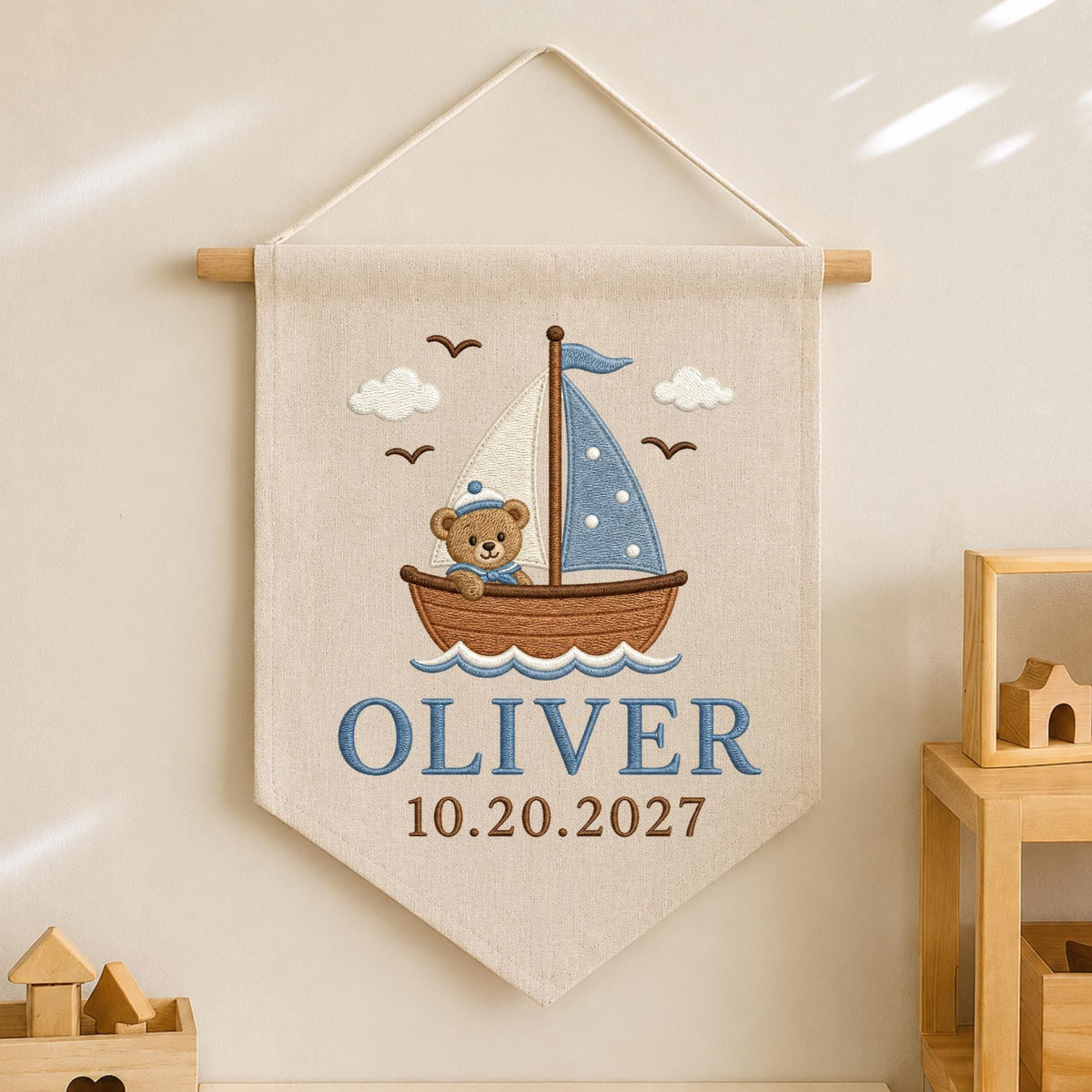 Personalized Embroidered Baby Name Banner, Teddy Bear Sailboat Nursery Wall Hanging, Custom Nautical Name Sign, Baby Boy Nursery Decor