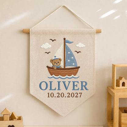 Personalized Embroidered Baby Name Banner, Teddy Bear Sailboat Nursery Wall Hanging, Custom Nautical Name Sign, Baby Boy Nursery Decor