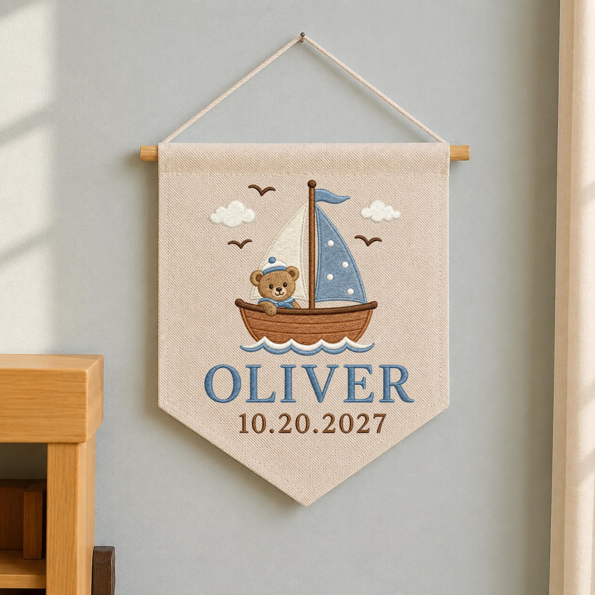 Personalized Embroidered Baby Name Banner, Teddy Bear Sailboat Nursery Wall Hanging, Custom Nautical Name Sign, Baby Boy Nursery Decor