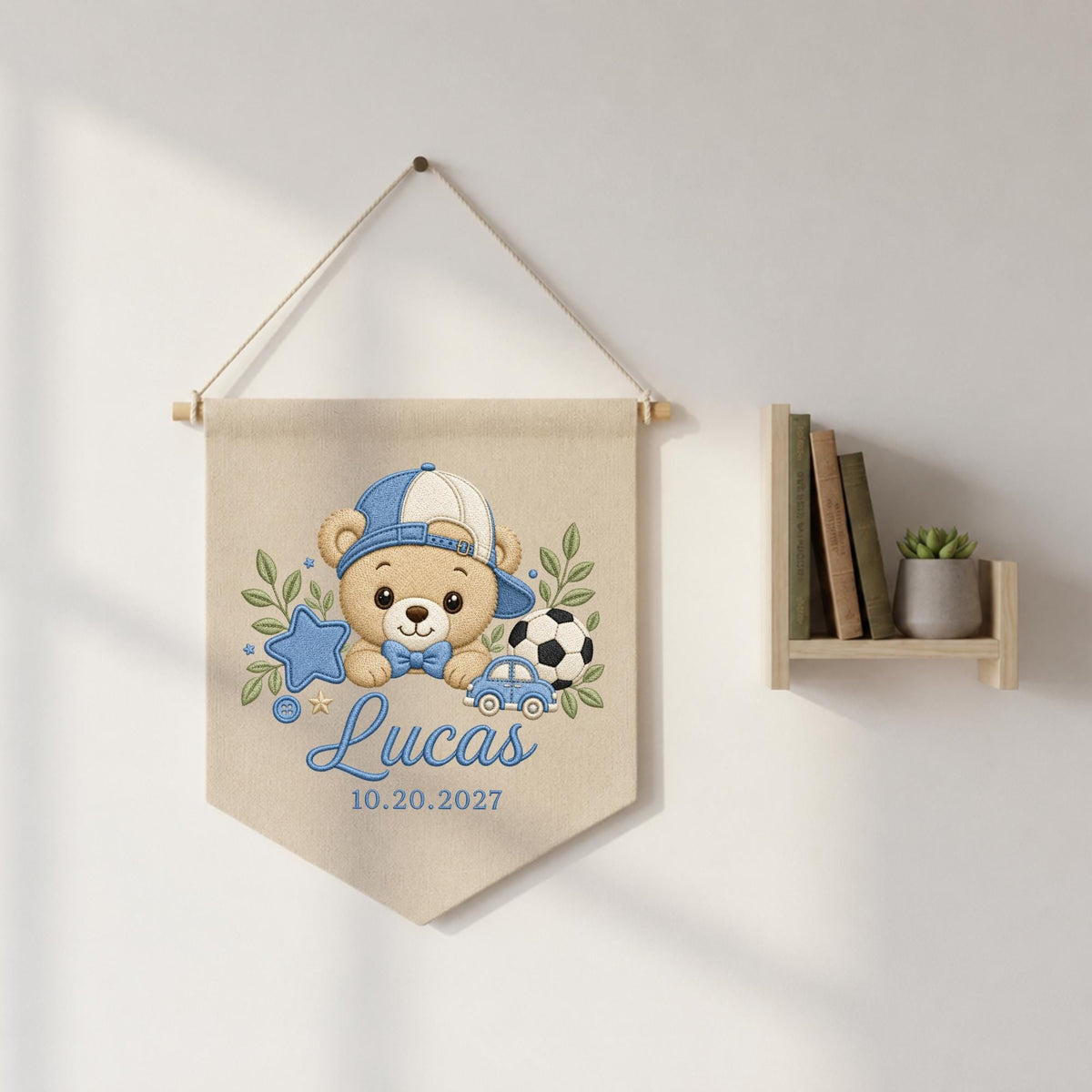Personalized Embroidered Baby Name Banner, Teddy Bear Sports Nursery Wall Hanging, Custom Boy Name Sign, Soccer Baby Nursery Decor