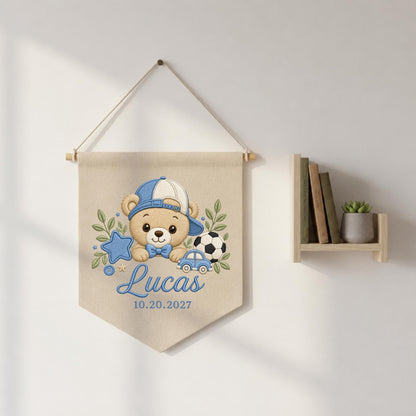 Personalized Embroidered Baby Name Banner, Teddy Bear Sports Nursery Wall Hanging, Custom Boy Name Sign, Soccer Baby Nursery Decor