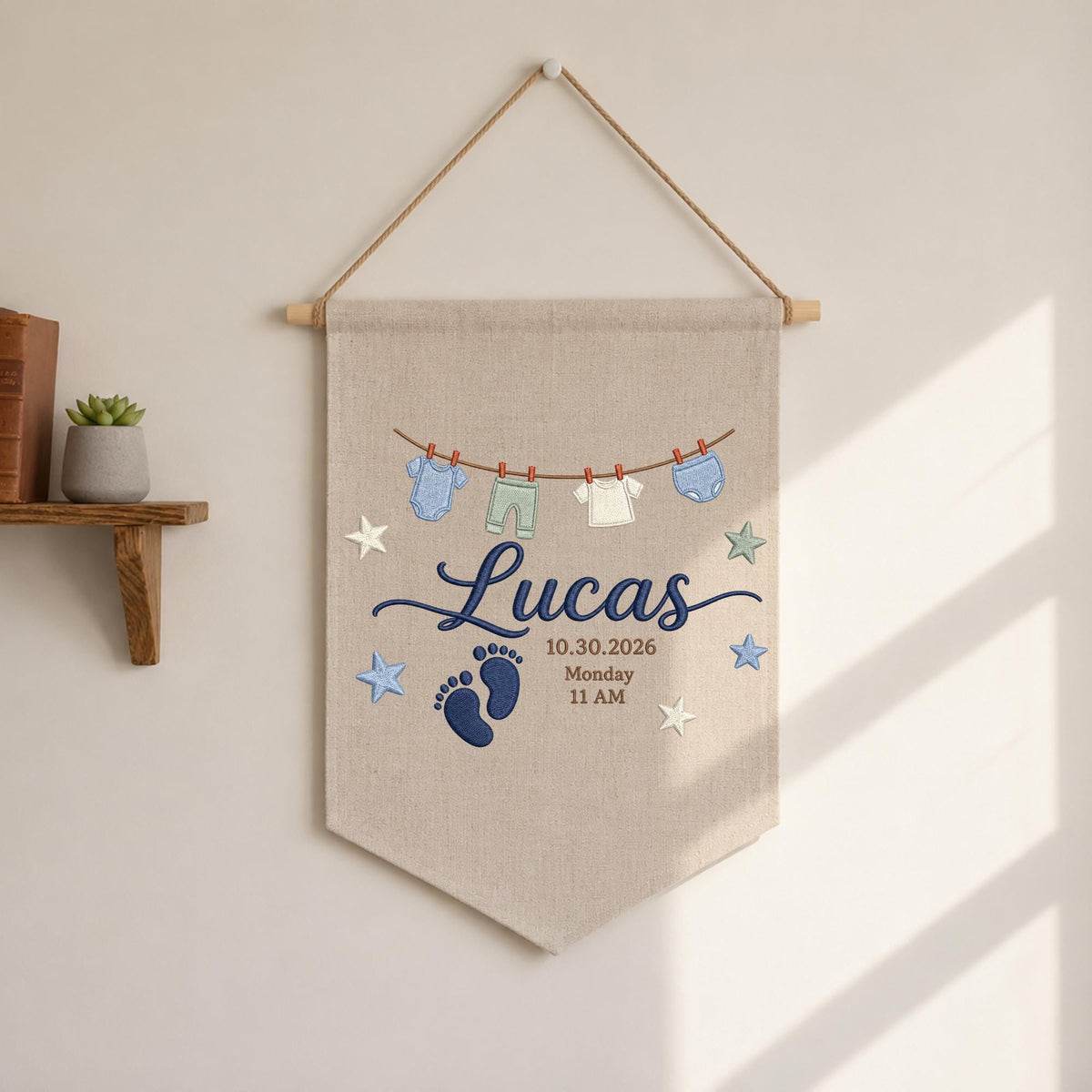 Personalized Embroidered Baby Birth Announcement Banner, Custom Baby Name Wall Hanging, Newborn Footprint Nursery Decor, Birth Date Keepsake