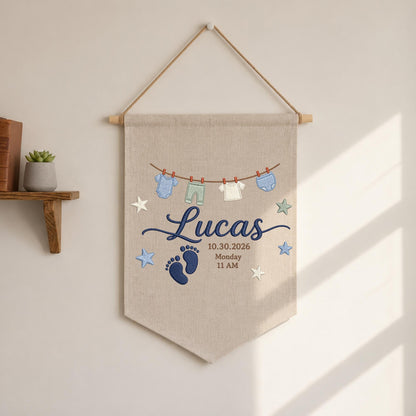 Personalized Embroidered Baby Birth Announcement Banner, Custom Baby Name Wall Hanging, Newborn Footprint Nursery Decor, Birth Date Keepsake