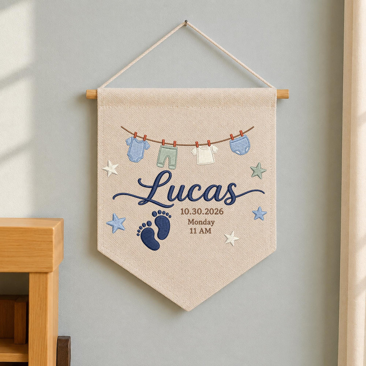 Personalized Embroidered Baby Birth Announcement Banner, Custom Baby Name Wall Hanging, Newborn Footprint Nursery Decor, Birth Date Keepsake