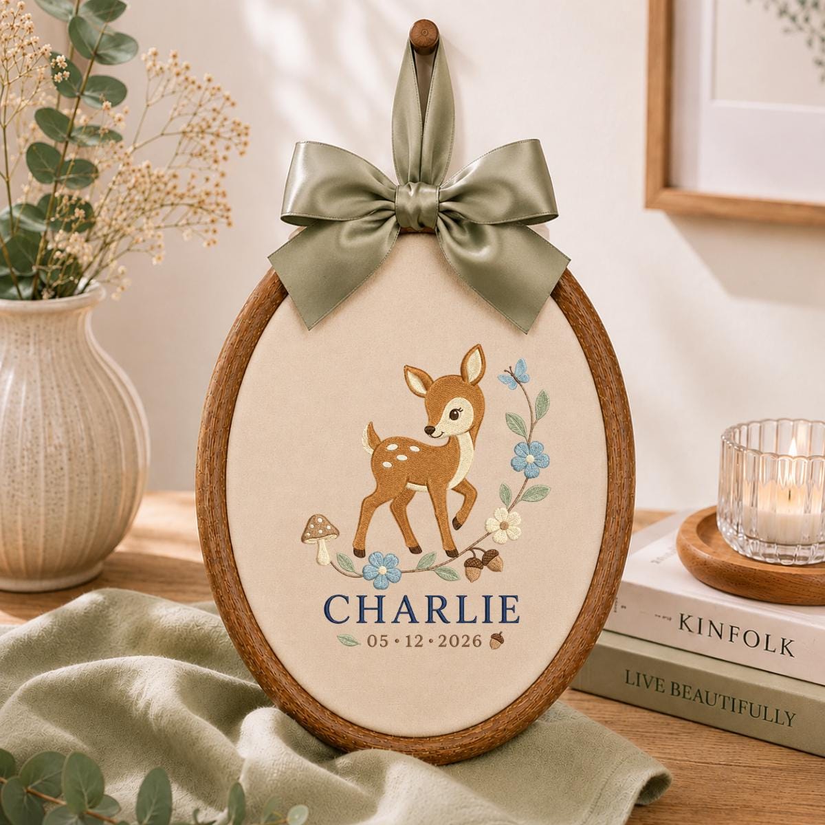 Personalized Deer Embroidery Hoop, Charlie Name and Date Ornament, Blue Gingham Woodland Decor, Fawn Nursery Gift, Round Wall Hanging
