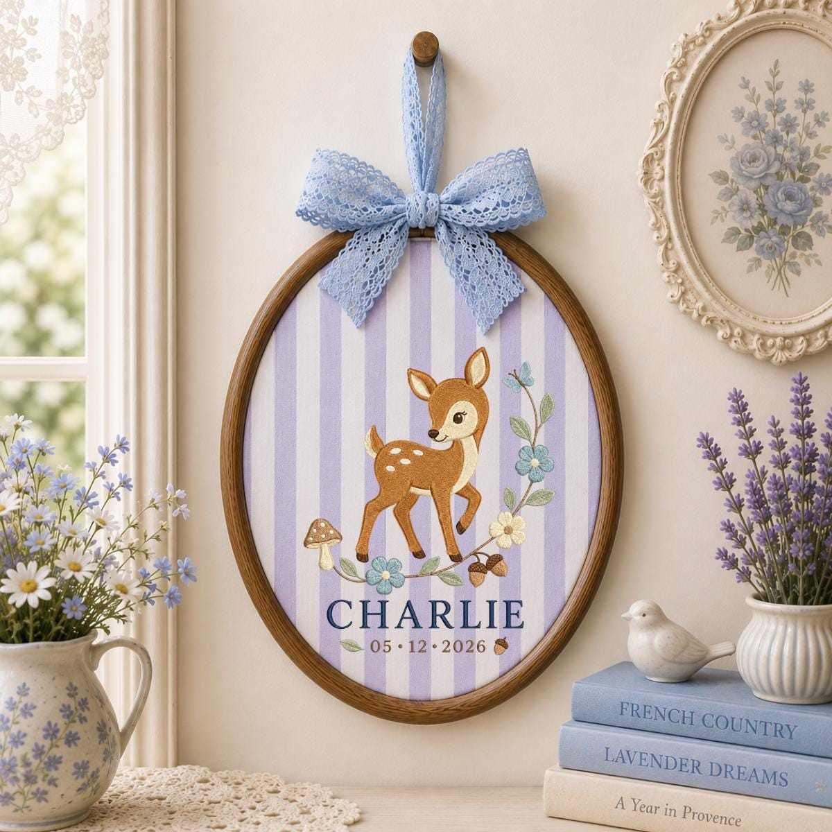 Personalized Deer Embroidery Hoop, Charlie Name and Date Ornament, Blue Gingham Woodland Decor, Fawn Nursery Gift, Round Wall Hanging
