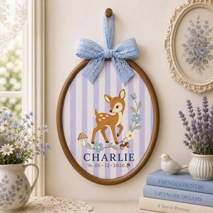 Personalized Deer Embroidery Hoop, Charlie Name and Date Ornament, Blue Gingham Woodland Decor, Fawn Nursery Gift, Round Wall Hanging
