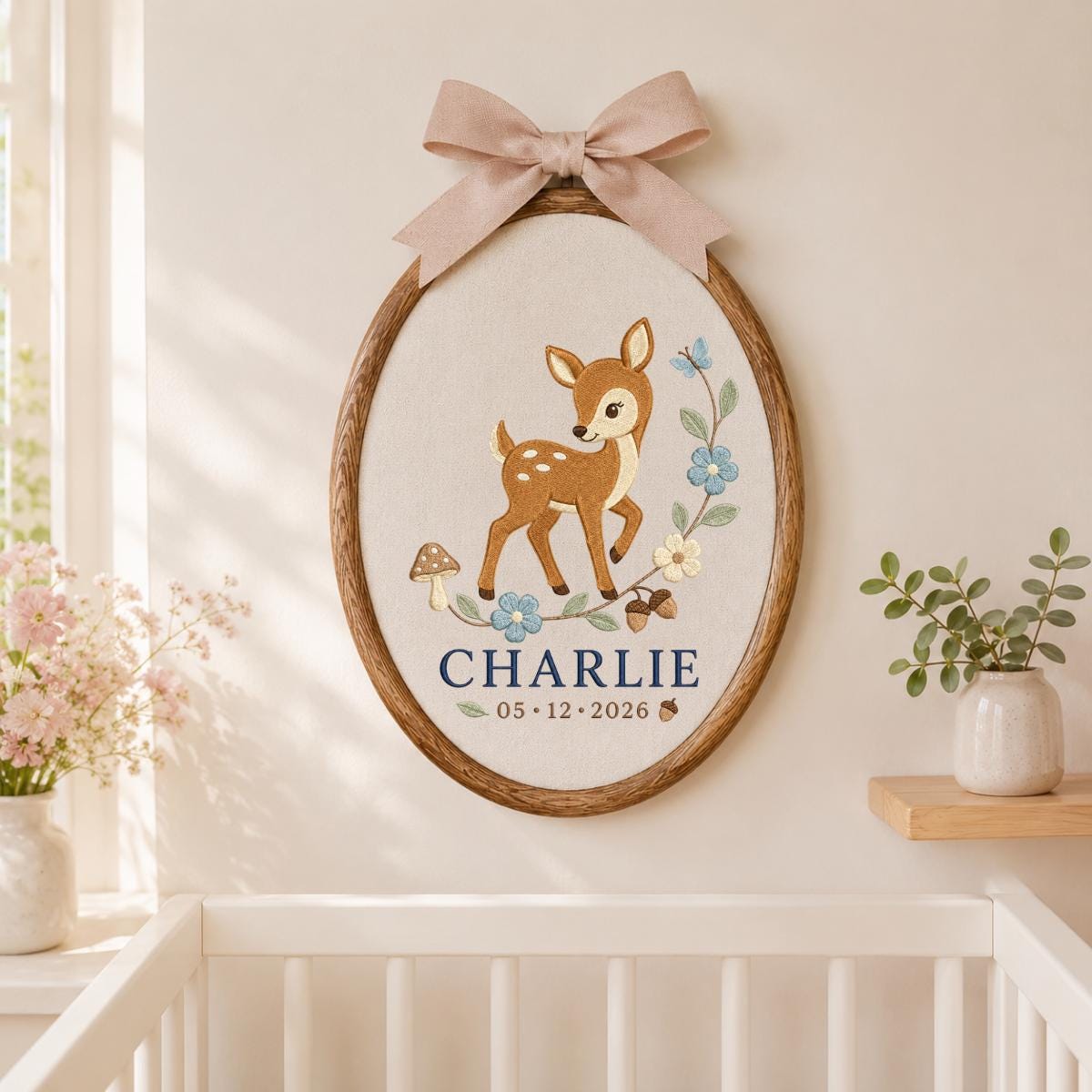 Personalized Deer Embroidery Hoop, Charlie Name and Date Ornament, Blue Gingham Woodland Decor, Fawn Nursery Gift, Round Wall Hanging