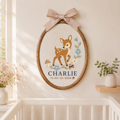 Personalized Deer Embroidery Hoop, Charlie Name and Date Ornament, Blue Gingham Woodland Decor, Fawn Nursery Gift, Round Wall Hanging