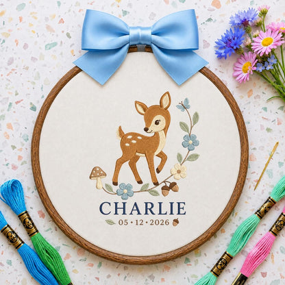 Personalized Deer Embroidery Hoop, Charlie Name and Date Ornament, Blue Gingham Woodland Decor, Fawn Nursery Gift, Round Wall Hanging