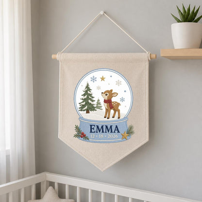 Personalized Reindeer Snow Globe Ornament, Emma Christmas Embroidery Wall Hanging, Winter Deer Decor, Custom Name Date Holiday Gift