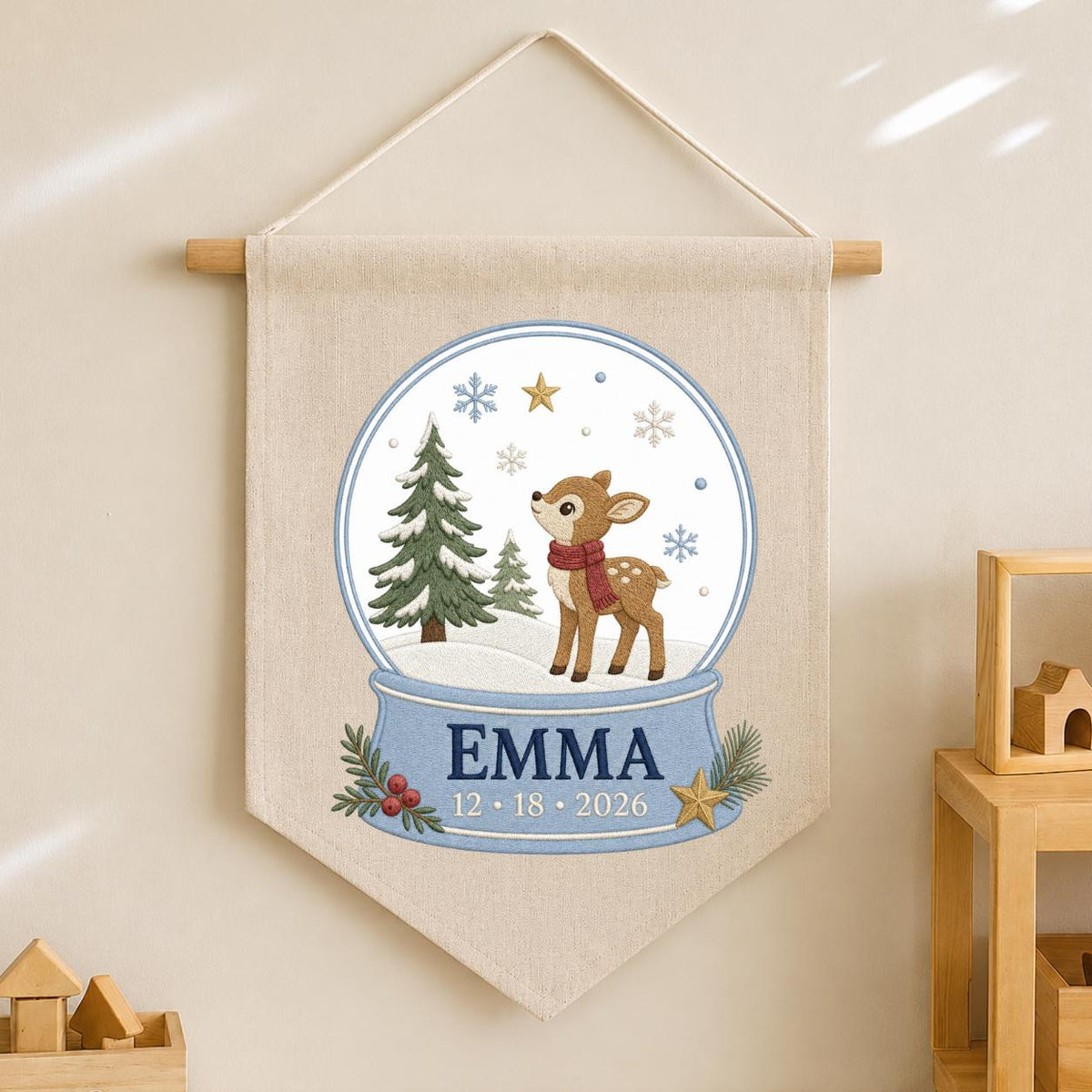 Personalized Reindeer Snow Globe Ornament, Emma Christmas Embroidery Wall Hanging, Winter Deer Decor, Custom Name Date Holiday Gift