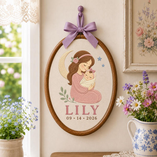 Personalized Mother and Baby Embroidery Hoop, Lily Name Date Ornament, Sleeping Moon Nursery Decor, Newborn Girl Gift, Oval Wall Hanging