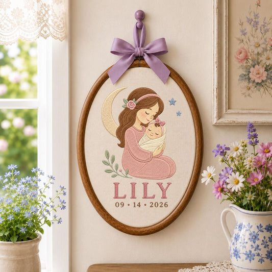 Personalized Mother and Baby Embroidery Hoop, Lily Name Date Ornament, Sleeping Moon Nursery Decor, Newborn Girl Gift, Oval Wall Hanging