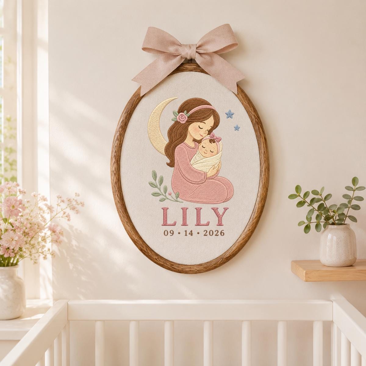 Personalized Mother and Baby Embroidery Hoop, Lily Name Date Ornament, Sleeping Moon Nursery Decor, Newborn Girl Gift, Oval Wall Hanging