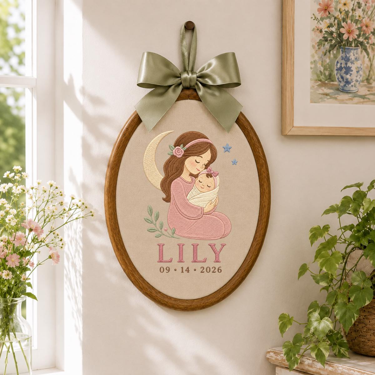 Personalized Mother and Baby Embroidery Hoop, Lily Name Date Ornament, Sleeping Moon Nursery Decor, Newborn Girl Gift, Oval Wall Hanging