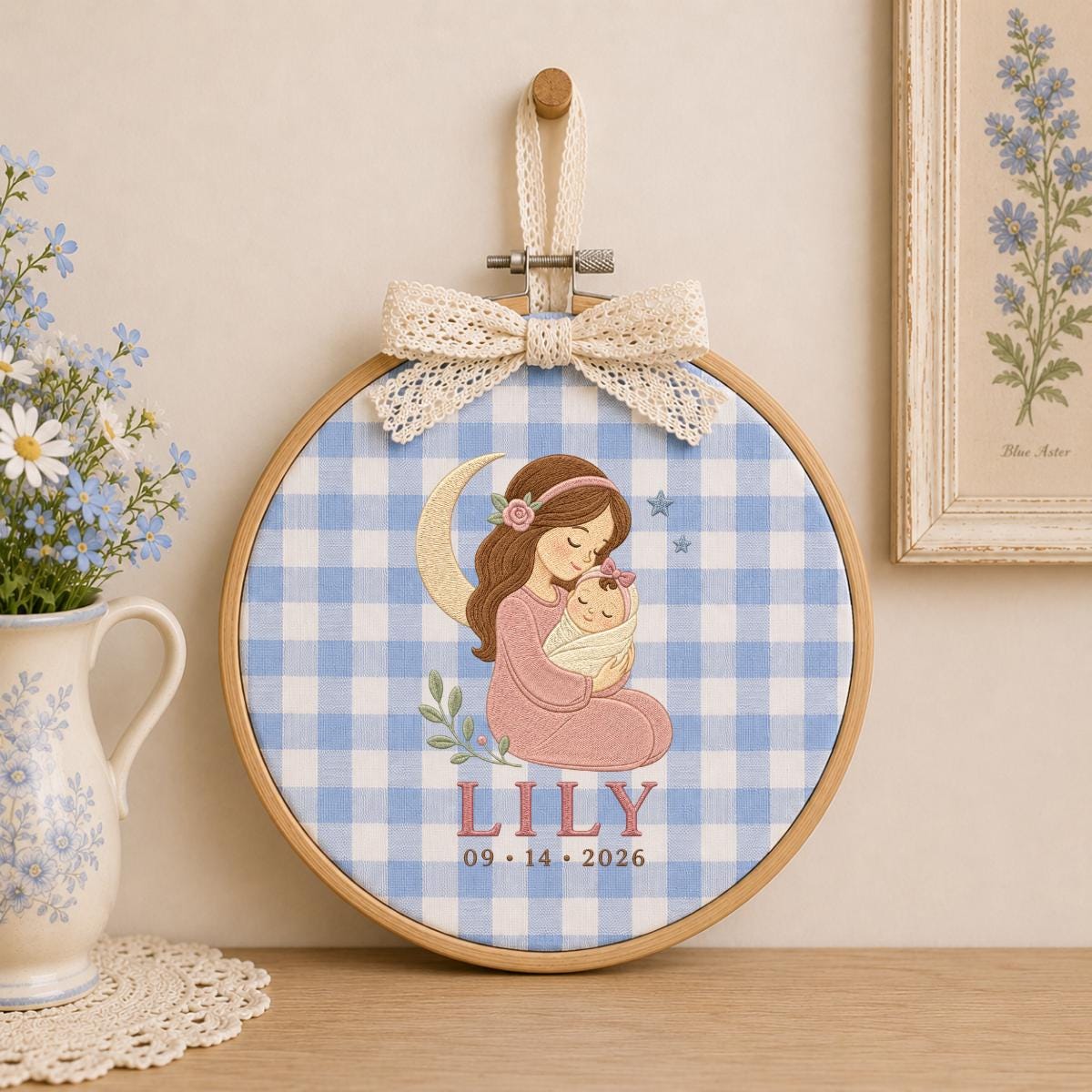 Personalized Mother and Baby Embroidery Hoop, Lily Name Date Ornament, Sleeping Moon Nursery Decor, Newborn Girl Gift, Oval Wall Hanging