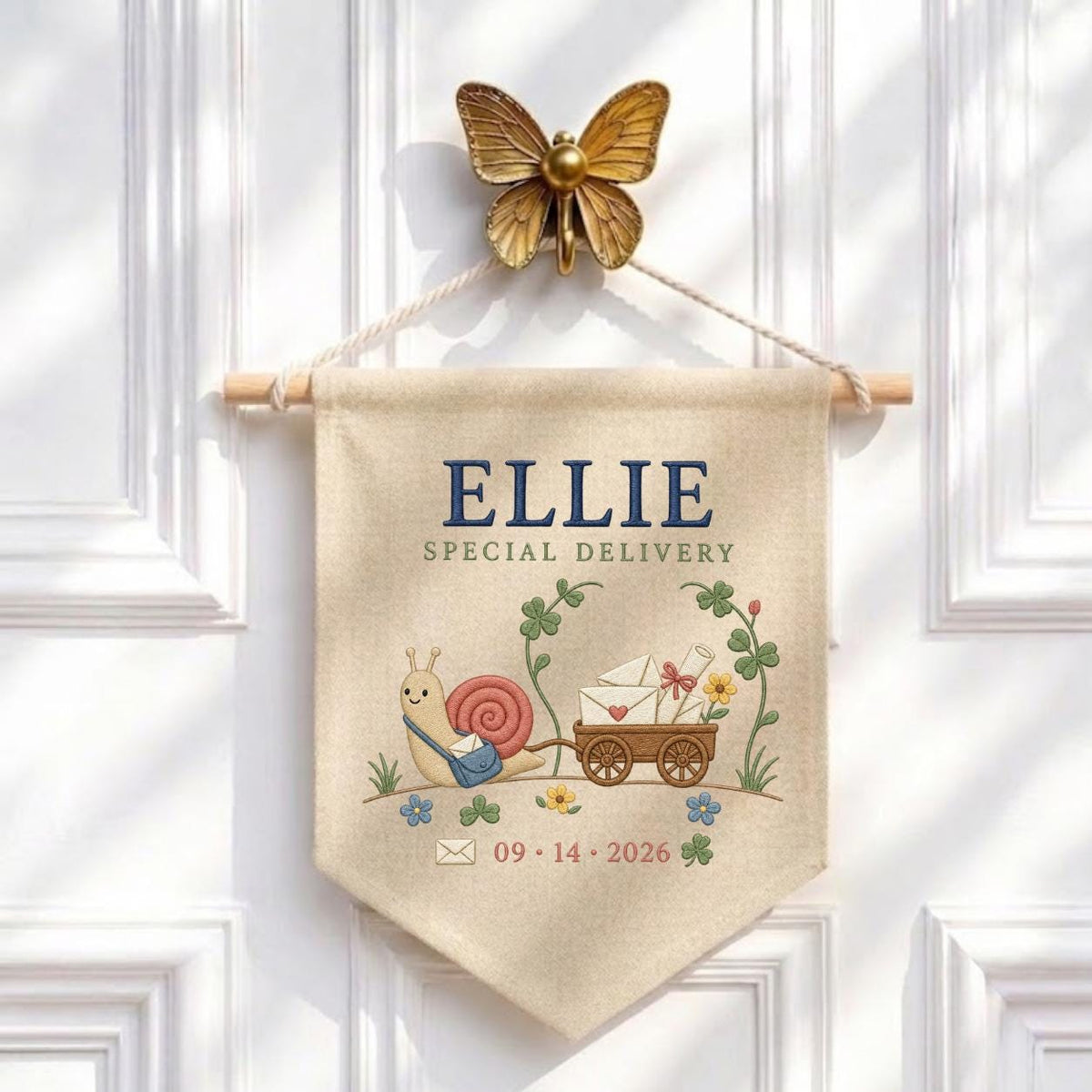 Personalized Snail Wall Hanging, Ellie Special Delivery Banner, Cute Mail Cart Embroidery Pennant, Custom Name Date Decor, Nursery Gift