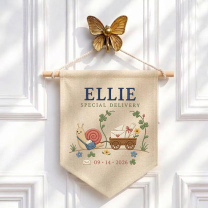 Personalized Snail Wall Hanging, Ellie Special Delivery Banner, Cute Mail Cart Embroidery Pennant, Custom Name Date Decor, Nursery Gift