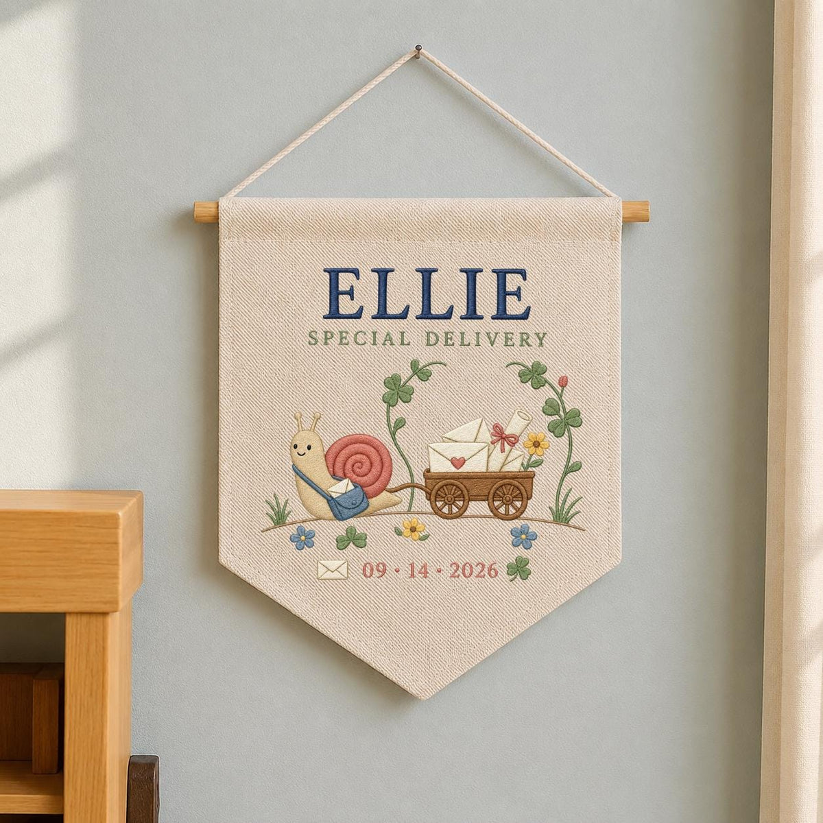 Personalized Snail Wall Hanging, Ellie Special Delivery Banner, Cute Mail Cart Embroidery Pennant, Custom Name Date Decor, Nursery Gift