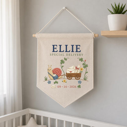 Personalized Snail Wall Hanging, Ellie Special Delivery Banner, Cute Mail Cart Embroidery Pennant, Custom Name Date Decor, Nursery Gift