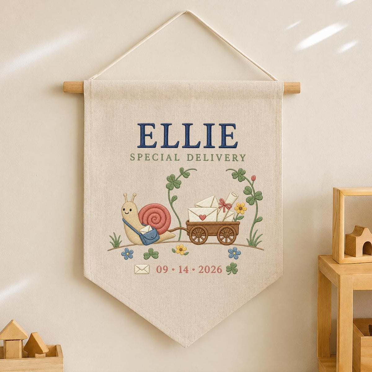Personalized Snail Wall Hanging, Ellie Special Delivery Banner, Cute Mail Cart Embroidery Pennant, Custom Name Date Decor, Nursery Gift