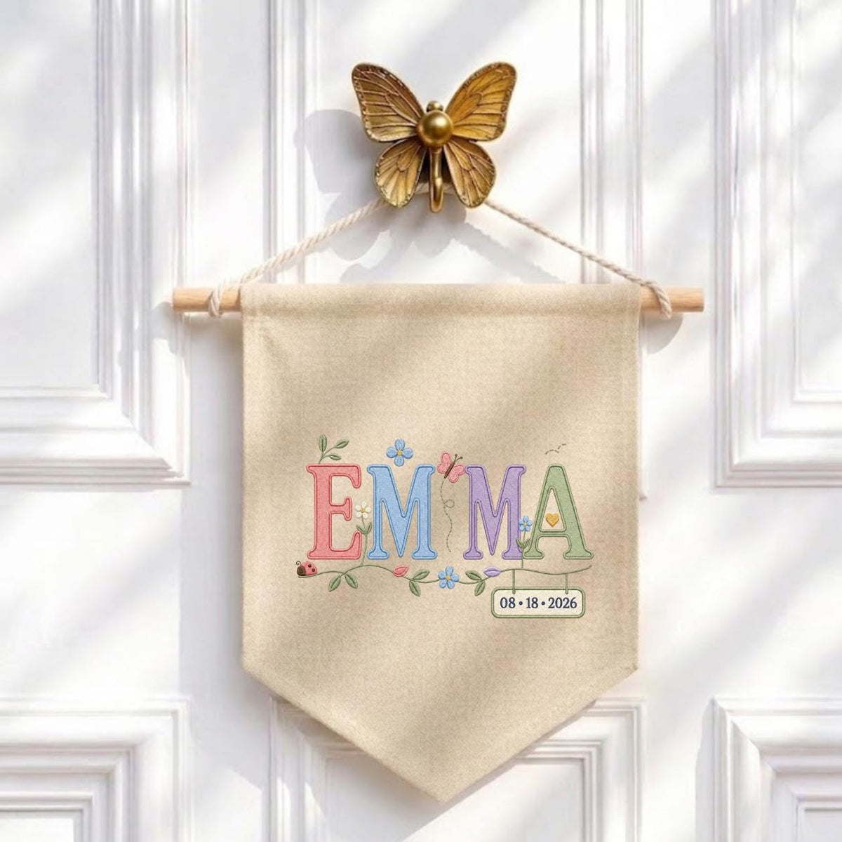 Personalized Emma Monogram Banner, Custom Name and Date Wall Hanging, Floral Initial Embroidery Pennant, Nursery Decor, Baby Gift