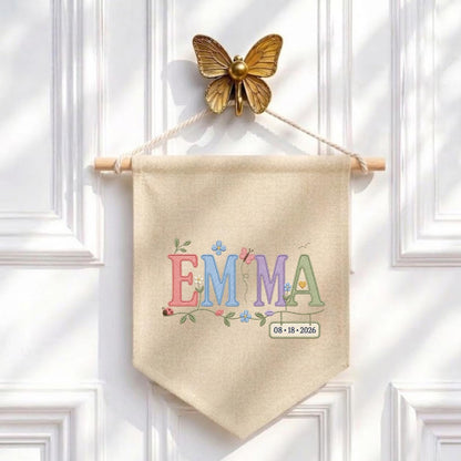 Personalized Emma Monogram Banner, Custom Name and Date Wall Hanging, Floral Initial Embroidery Pennant, Nursery Decor, Baby Gift