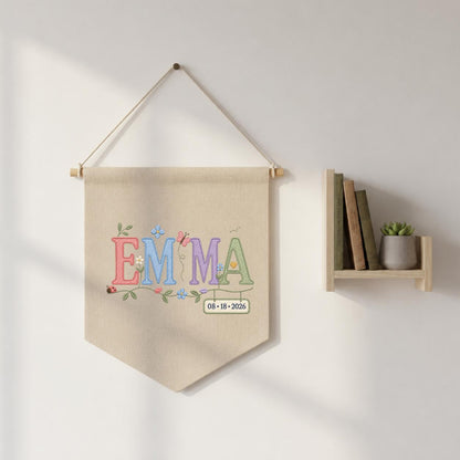 Personalized Emma Monogram Banner, Custom Name and Date Wall Hanging, Floral Initial Embroidery Pennant, Nursery Decor, Baby Gift