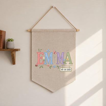 Personalized Emma Monogram Banner, Custom Name and Date Wall Hanging, Floral Initial Embroidery Pennant, Nursery Decor, Baby Gift