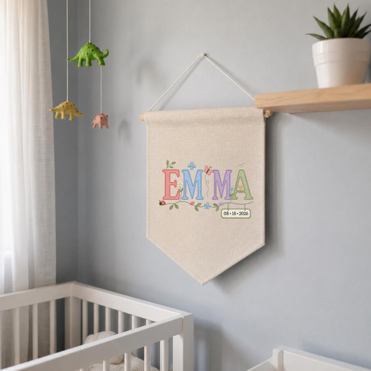 Personalized Emma Monogram Banner, Custom Name and Date Wall Hanging, Floral Initial Embroidery Pennant, Nursery Decor, Baby Gift