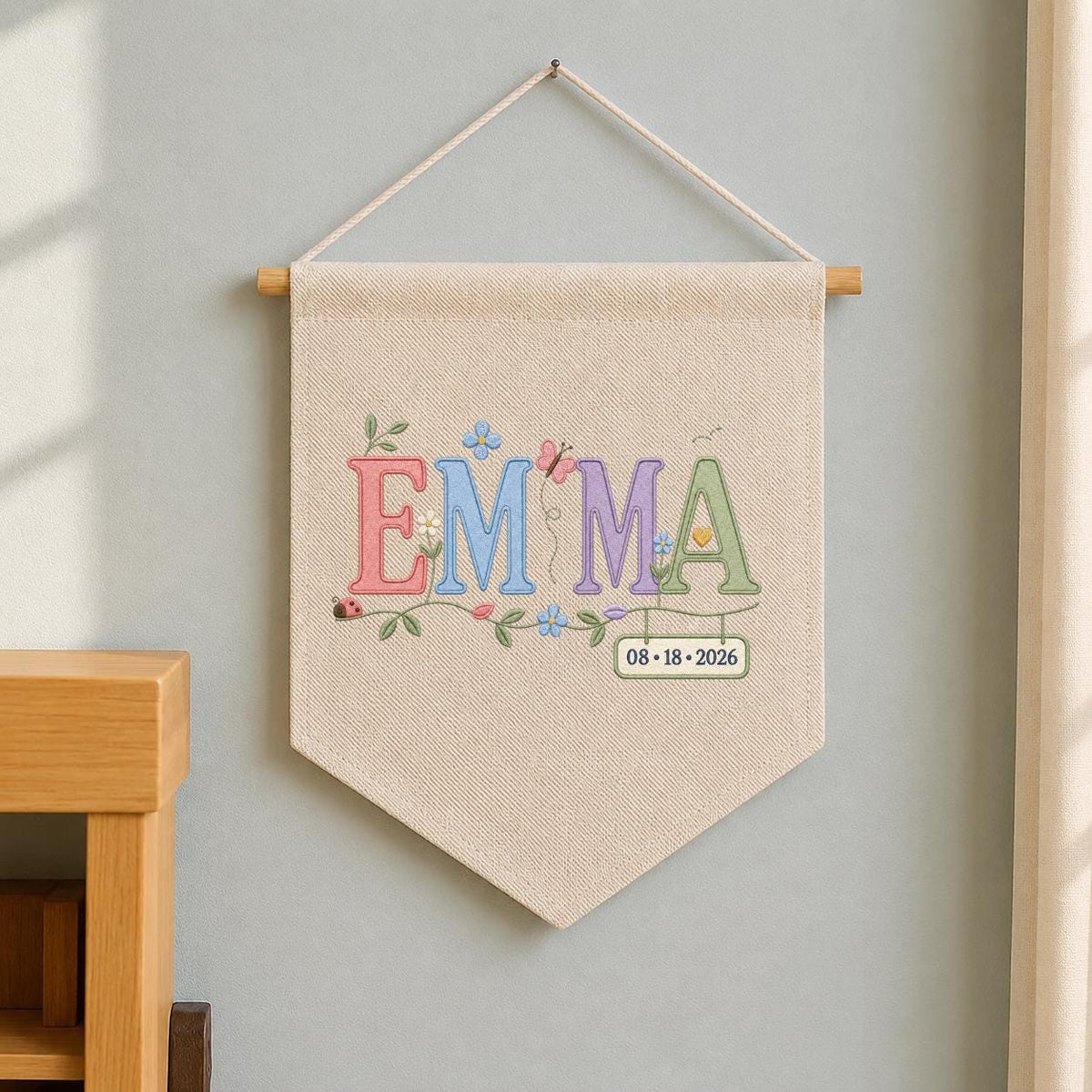 Personalized Emma Monogram Banner, Custom Name and Date Wall Hanging, Floral Initial Embroidery Pennant, Nursery Decor, Baby Gift