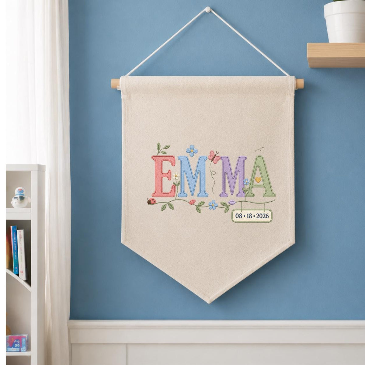 Personalized Emma Monogram Banner, Custom Name and Date Wall Hanging, Floral Initial Embroidery Pennant, Nursery Decor, Baby Gift
