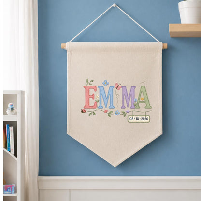 Personalized Emma Monogram Banner, Custom Name and Date Wall Hanging, Floral Initial Embroidery Pennant, Nursery Decor, Baby Gift