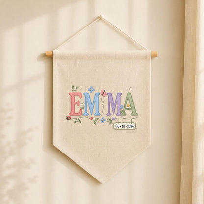 Personalized Emma Monogram Banner, Custom Name and Date Wall Hanging, Floral Initial Embroidery Pennant, Nursery Decor, Baby Gift